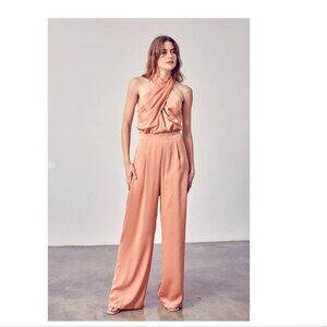 Do+Be Criss Cross Neck Jumpsuit Womens Small Satin Wide Leg